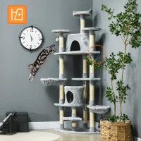 PawHut Kratzbaum mit 2 Hängematten u. 2 Katzenhöhlen inkl. Spielzeug Plüsch Sisalseil Hellgrau(m-5)