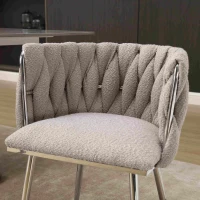 Set of 2 Modern Hand Weaving Dining Chairs with Silver Legs and Armrests, Boucle Upholstered Side Chairs, Set of 2 Dining Chair for Living Room, 54x52x73 cm, Gray(m-9)