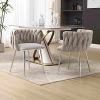 Set of 2 Modern Hand Weaving Dining Chairs with Silver Legs and Armrests, Boucle Upholstered Side Chairs, Set of 2 Dining Chair for Living Room, 54x52x73 cm, Gray(m-7)
