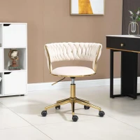 Velvet 360° Swivel Computer Chair with Backrest, 5 Wheels, Adjustable Height, Stainless Base, 62x62x77 cm, Ivory(m-7)