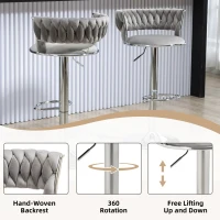 Set of 2 Adjustable Kitchen Bar Stools with Back and Footrest, 360° Swivel Velvet Bar Chairs with Silver Legs, 54x46x97 cm, Gray(m-5)