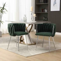 Set of 2 Modern Dining Chairs with Silver Legs, Hand-woven Backrest and Armrests, Upholstered Boucle Armchair for Living Room, 54x52x73 cm, Emerald(m-6)
