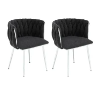 Set of 2 Modern Hand Weaving Dining Chairs with Silver Legs and Armrests, Boucle Upholstered Dining Chairs, Set of 2 Dining Chair for Living Room, 54x52x73 cm, Black(m-2)