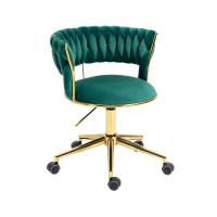 Velvet Swivel Office Desk Chair with Hand-Woven Backrest, 360° Swivel and Height Adjustable, Stainless Base with 5 Wheels, 62x62x77 cm, Emerald(m-2)