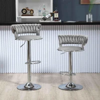 Set of 2 Adjustable Kitchen Bar Stools with Back and Footrest, 360° Swivel Velvet Bar Chairs with Silver Legs, 54x46x97 cm, Gray(m-1)