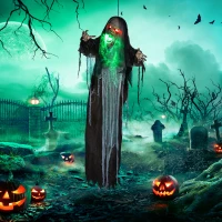 HOMCOM Groen Monster, Halloween Decoratie, Griezelige Geluidseffecten, Rode Ogen, Beweegbaar, 183 cm(m-2)