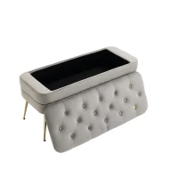 Velvet Upholstered Storage Ottoman Bench with Metal Legs, Multifunctional Footrest Sofa, 104x40x51 cm, Grey(m-9)