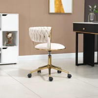 Velvet 360° Swivel Computer Chair with Backrest, 5 Wheels, Adjustable Height, Stainless Base, 62x62x77 cm, Ivory(m-8)