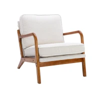 Mid-Century Modern Accent Chair with Solid Wood Frame and Soft Cushion, Comfy Armchair for Living Room, 65x80x76 cm, Beige(m-7)