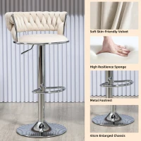 Set of 2 Kitchen Bar Seats with Back and Footrest, 360° Swivel Velvet Bar Chairs with Silver Legs, Adjustable Seat Height, 54x46x97 cm, Ivory(m-4)
