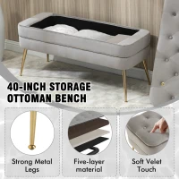 Velvet Upholstered Storage Ottoman Bench with Metal Legs, Multifunctional Footrest Sofa, 104x40x51 cm, Grey(m-4)