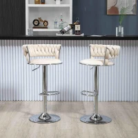 Set of 2 Kitchen Bar Seats with Back and Footrest, 360° Swivel Velvet Bar Chairs with Silver Legs, Adjustable Seat Height, 54x46x97 cm, Ivory(m-6)