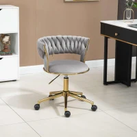 Velvet Swivel Executive Office Desk Chair with Hand-Woven Backrest, 360° Swivel and Height Adjustable, Stainless Base and 5 Wheels, 62x62x77 cm, Gray(m-1)