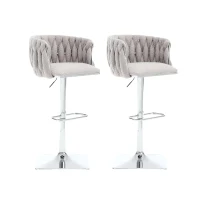 Adjustable Bar Stools Set of 2 with Woven Backs and Silver Base, Upholstered Boucle Fabric, for Kitchen Island and Pub, 53x51x87 cm, Gray(m-2)