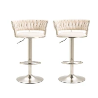 Set of 2 Kitchen Bar Seats with Back and Footrest, 360° Swivel Velvet Bar Chairs with Silver Legs, Adjustable Seat Height, 54x46x97 cm, Ivory(m-2)