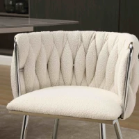 Set of 2 Modern Hand Weaving Dining Chairs with Silver Legs and Armrests, Boucle Upholstered Side Chairs, Set of 2 Dining Chair for Living Room, 54x52x73 cm, Ivory(m-9)