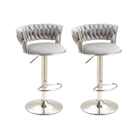 Set of 2 Adjustable Kitchen Bar Stools with Back and Footrest, 360° Swivel Velvet Bar Chairs with Silver Legs, 54x46x97 cm, Gray(m-2)