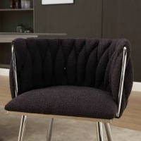 Set of 2 Modern Hand Weaving Dining Chairs with Silver Legs and Armrests, Boucle Upholstered Dining Chairs, Set of 2 Dining Chair for Living Room, 54x52x73 cm, Black(m-9)