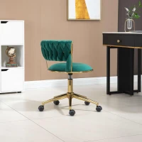 Velvet Swivel Office Desk Chair with Hand-Woven Backrest, 360° Swivel and Height Adjustable, Stainless Base with 5 Wheels, 62x62x77 cm, Emerald(m-8)