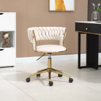 Velvet 360° Swivel Computer Chair with Backrest, 5 Wheels, Adjustable Height, Stainless Base, 62x62x77 cm, Ivory(m-1)