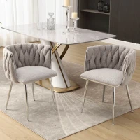 Set of 2 Modern Hand Weaving Dining Chairs with Silver Legs and Armrests, Boucle Upholstered Side Chairs, Set of 2 Dining Chair for Living Room, 54x52x73 cm, Gray(m-1)