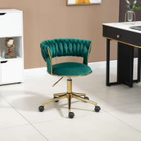 Velvet Swivel Office Desk Chair with Hand-Woven Backrest, 360° Swivel and Height Adjustable, Stainless Base with 5 Wheels, 62x62x77 cm, Emerald(m-1)