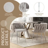 Set of 2 Modern Hand Weaving Dining Chairs with Silver Legs and Armrests, Boucle Upholstered Side Chairs, Set of 2 Dining Chair for Living Room, 54x52x73 cm, Gray(m-5)