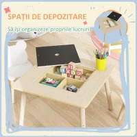 AIYAPLAY Set Masă și 2 Scaune pentru Copii 3-6 ani, cu Tablă de Scris și Loc de Depozitare, 60x60x44 cm, Lemn Natural(m-6)