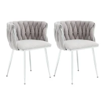 Set of 2 Modern Hand Weaving Dining Chairs with Silver Legs and Armrests, Boucle Upholstered Side Chairs, Set of 2 Dining Chair for Living Room, 54x52x73 cm, Gray(m-2)