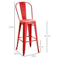 HOMCOM Set 2 Taburete de Bucătărie cu Spătar Detașabil și Reazem pentru Picioare, 44x49x116 cm, Roșu(m-3)