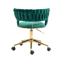 Velvet Swivel Office Desk Chair with Hand-Woven Backrest, 360° Swivel and Height Adjustable, Stainless Base with 5 Wheels, 62x62x77 cm, Emerald(m-13)