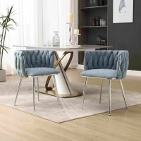 Set of 2 Modern Dining Chairs with Silver Legs, Hand-woven Backrest and Armrests, Upholstered Boucle Armchair for Living Room, 54x52x73 cm, Light Blue(m-6)