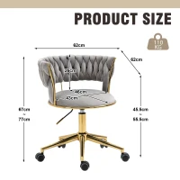 Velvet Swivel Executive Office Desk Chair with Hand-Woven Backrest, 360° Swivel and Height Adjustable, Stainless Base and 5 Wheels, 62x62x77 cm, Gray(m-3)