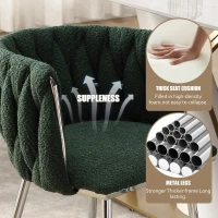 Set of 2 Modern Dining Chairs with Silver Legs, Hand-woven Backrest and Armrests, Upholstered Boucle Armchair for Living Room, 54x52x73 cm, Emerald(m-4)