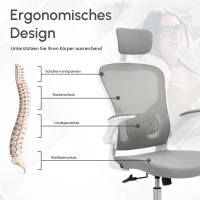 Vinsetto Bürostuhl ergonomischer Shreibtischstuhl mit Wippfunktion hoher Rückenlehne Lendenwirbelstütze Kopfstütze hochklappbarem Arm Home-Office Grau 65 x 64 x 114-122 cm(m-4)