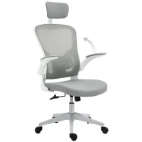 Vinsetto Bürostuhl ergonomischer Shreibtischstuhl mit Wippfunktion hoher Rückenlehne Lendenwirbelstütze Kopfstütze hochklappbarem Arm Home-Office Grau 65 x 64 x 114-122 cm(m-1)