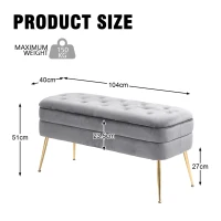 Velvet Upholstered Storage Ottoman Bench with Metal Legs, Multifunctional Footrest Sofa, 104x40x51 cm, Grey(m-3)