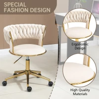 Velvet 360° Swivel Computer Chair with Backrest, 5 Wheels, Adjustable Height, Stainless Base, 62x62x77 cm, Ivory(m-4)
