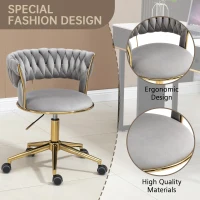 Velvet Swivel Executive Office Desk Chair with Hand-Woven Backrest, 360° Swivel and Height Adjustable, Stainless Base and 5 Wheels, 62x62x77 cm, Gray(m-4)