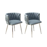 Set of 2 Modern Dining Chairs with Silver Legs, Hand-woven Backrest and Armrests, Upholstered Boucle Armchair for Living Room, 54x52x73 cm, Light Blue(m-2)