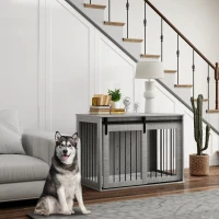 PawHut 98cm Dog Crate Furniture with Removable Cushion for Large Dogs - Grey(m-2)