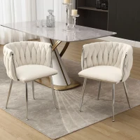 Set of 2 Modern Hand Weaving Dining Chairs with Silver Legs and Armrests, Boucle Upholstered Side Chairs, Set of 2 Dining Chair for Living Room, 54x52x73 cm, Ivory(m-1)