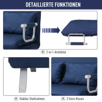 HOMCOM Slaapbank, 5-voudig verstelbaar, suède-imitatie, metalen frame, incl. kussen, Marineblauw(m-5)