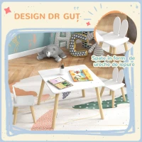 AIYAPLAY Set Masă și 2 Scaune pentru Copii 3-6 ani, Masă și Scaune cu Spătar în Formă de Urechi, 60x60x44 cm, Alb(m-4)