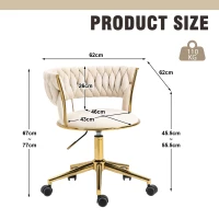 Velvet 360° Swivel Computer Chair with Backrest, 5 Wheels, Adjustable Height, Stainless Base, 62x62x77 cm, Ivory(m-3)