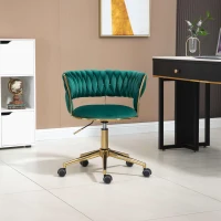 Velvet Swivel Office Desk Chair with Hand-Woven Backrest, 360° Swivel and Height Adjustable, Stainless Base with 5 Wheels, 62x62x77 cm, Emerald(m-7)