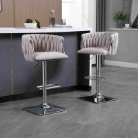 Adjustable Bar Stools Set of 2 with Woven Backs and Silver Base, Upholstered Boucle Fabric, for Kitchen Island and Pub, 53x51x87 cm, Gray(m-1)