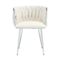Set of 2 Modern Hand Weaving Dining Chairs with Silver Legs and Armrests, Boucle Upholstered Side Chairs, Set of 2 Dining Chair for Living Room, 54x52x73 cm, Ivory(m-11)