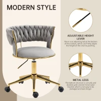 Velvet Swivel Executive Office Desk Chair with Hand-Woven Backrest, 360° Swivel and Height Adjustable, Stainless Base and 5 Wheels, 62x62x77 cm, Gray(m-5)