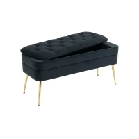 Velvet Upholstered Storage Ottoman Bench with Metal Legs, Footrest Sofa for Bedroom and Living Room, 104x40x51 cm, Black(m-2)